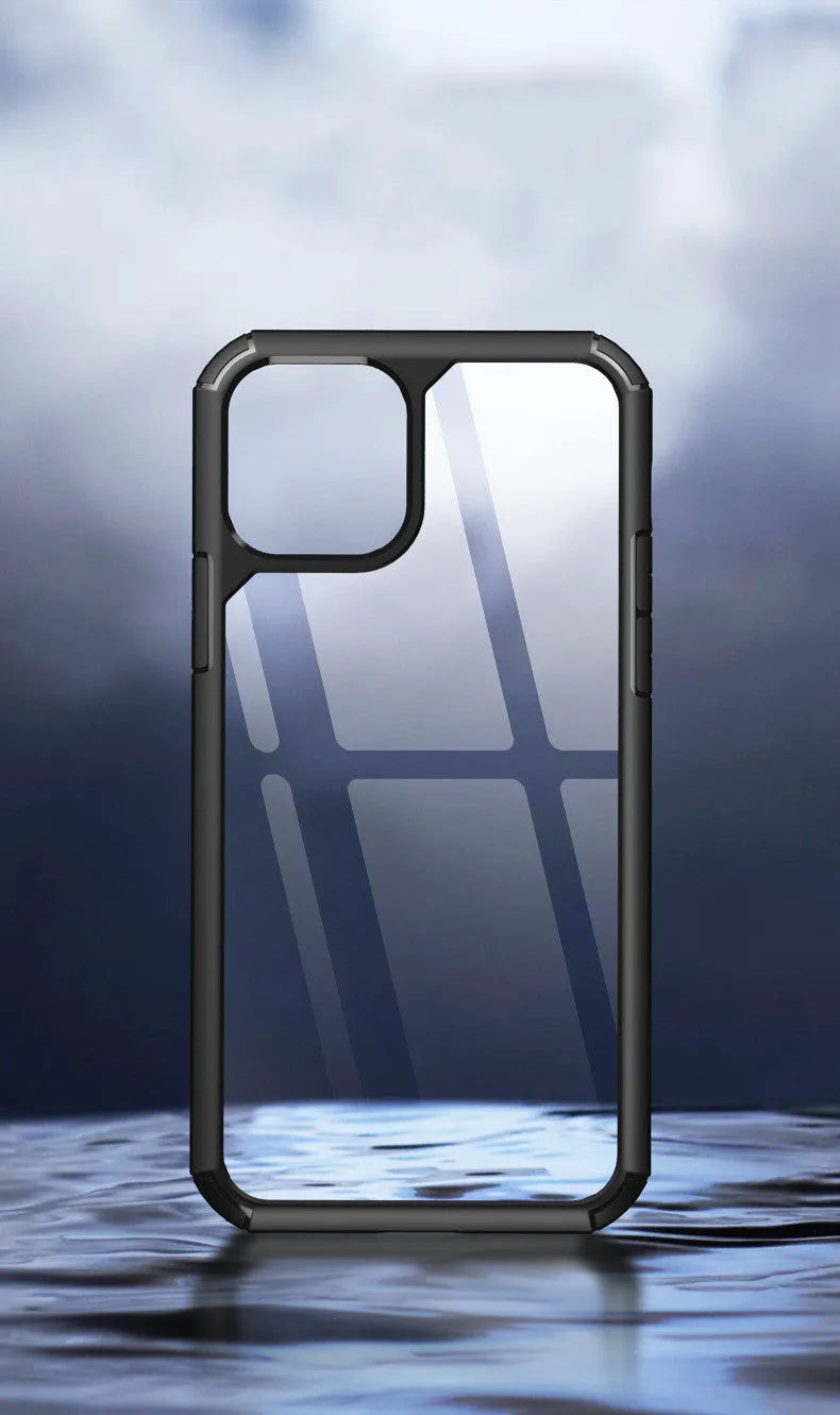 Transparent smartphone protective sleeve showing TPU and PC layered construction in red, green or black colours