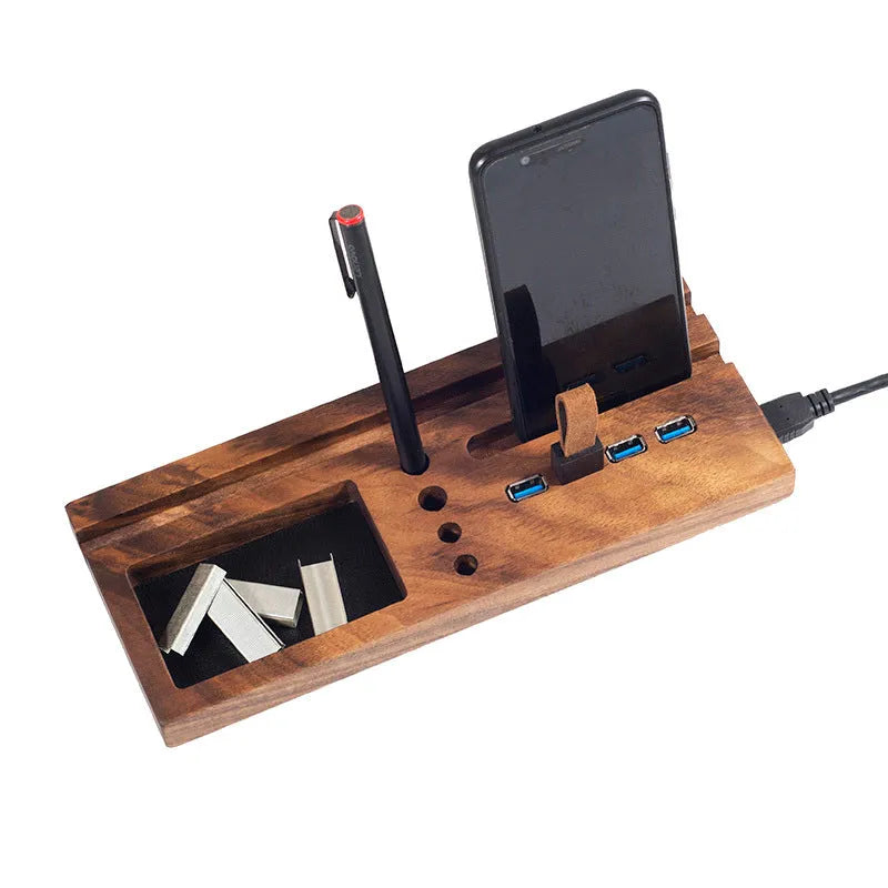 Solid wood desktop storage bracket with leather lined tray