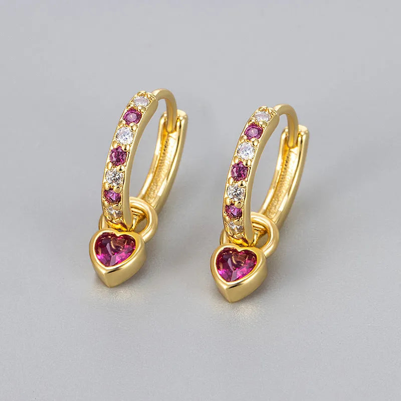 Women's heart-shaped drop earrings with colourful stone in gold or white gold tone setting