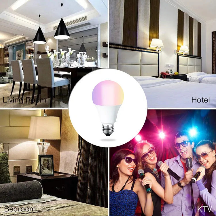 A white smart WiFi LED light bulb with a standard E27 screw base, shown with colourful light effects.