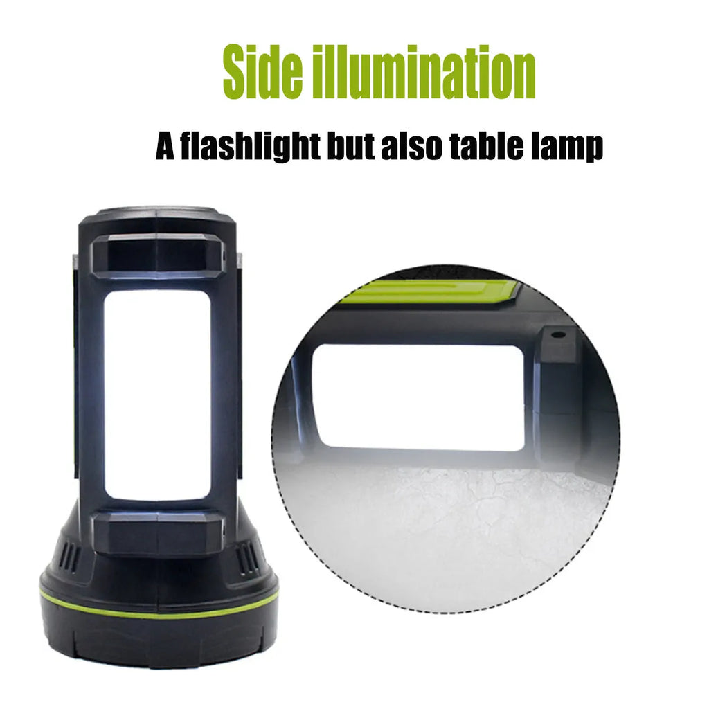 Green USB rechargeable LED flashlight with super bright beam showing 500m range