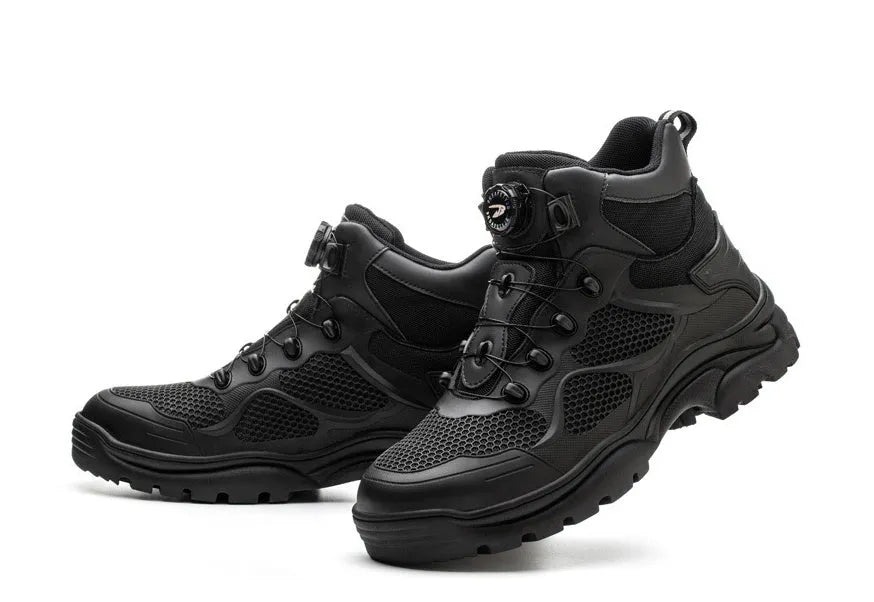 Black JK7926 high top steel toe labour insurance shoes with anti-skid rubber sole and button lacing closure