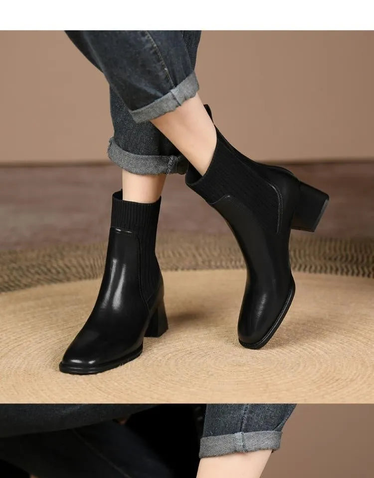 Women's square toe vintage French chunky heel knitted stretch ankle boots in brown with artificial PU upper