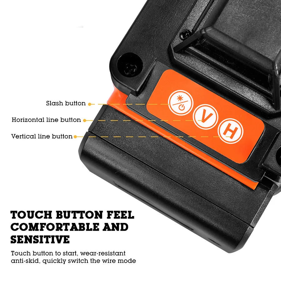 Rotating laser level tool with green and orange laser options for wall alignment