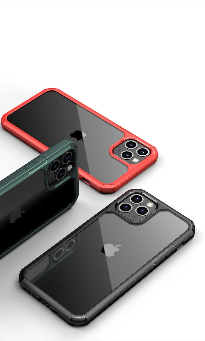 Transparent smartphone protective sleeve showing TPU and PC layered construction in red, green or black colours