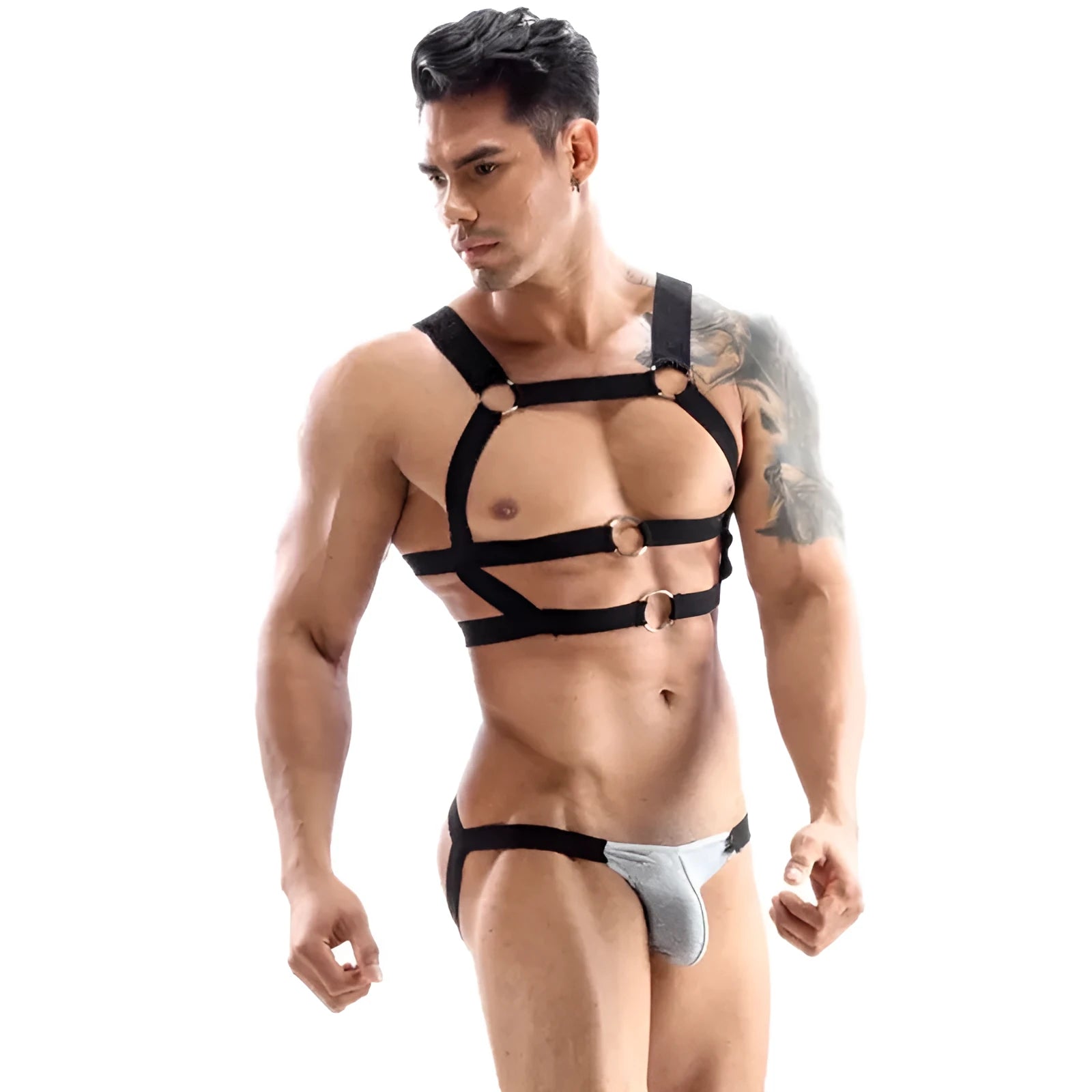 Male thong and chest belt set in black, grey, and white cotton, low-waist style, sizes M to XXL