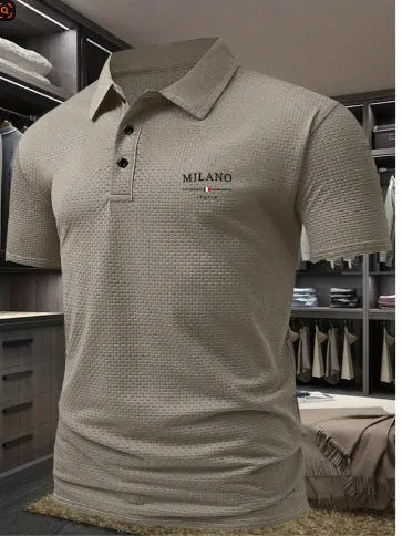 Men's light blue lapel collar polo shirt with short sleeves on a hanger.