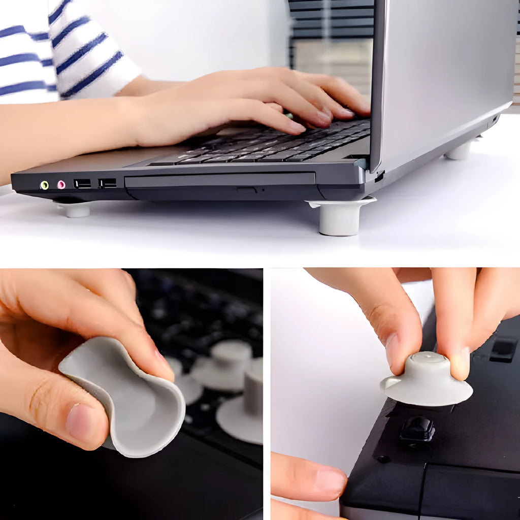 Grey durable plastic laptop cooling pads, two large and two small, on a desk.
