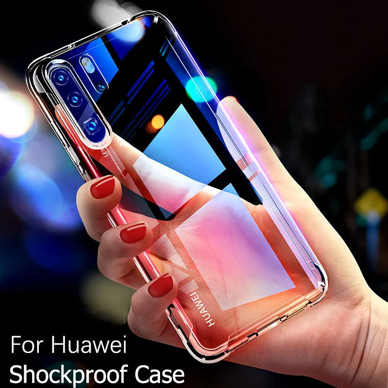 Transparent TPU airbag drop-resistant phone case for Huawei and Honor smartphones on a white background.