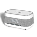 White multifunctional alarm clock unit with Bluetooth speaker and wireless charging pad.