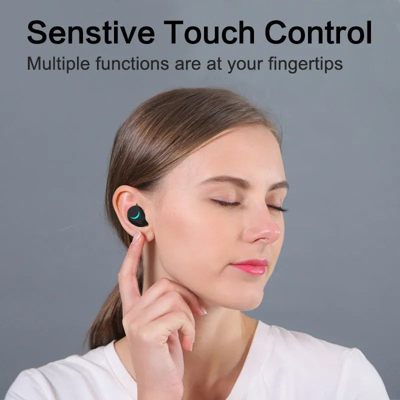 Black TWS Bluetooth headset with bilateral stereo earplugs showing 15 metre wireless range
