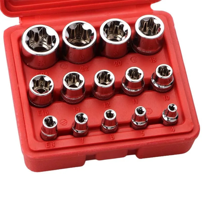 14-piece E-type socket combination tool set in red storage box with chrome vanadium steel construction