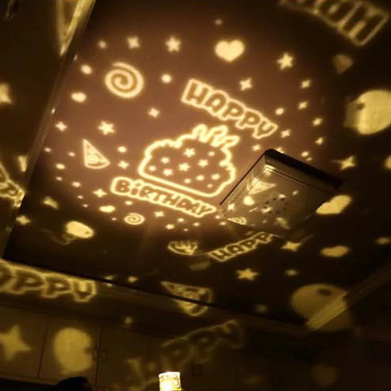 Sky Fall projector night light showing constellation projection on ceiling, with USB cable and five film slides