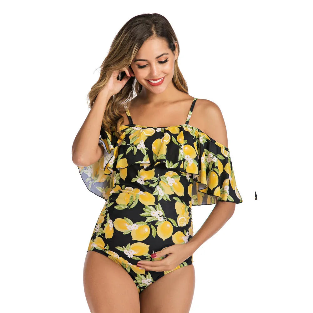 Ruffled one-piece maternity swimsuit in lemon nylon with chest pad option, Asian sizes S to XXL