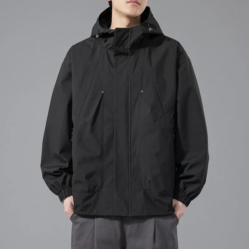 Men's plus size hooded casual coat in khaki, front view, polyester blend, spring autumn