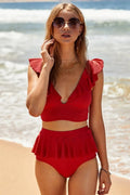 Ruffled one-piece swimsuit in red with lotus leaf skirt, steel pad support, polyester fibre fabric