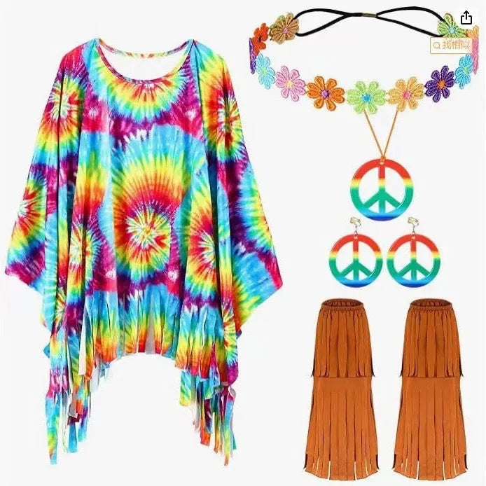 Colourful tie-dye pattern cloak costume with sleeveless bell sleeves on a mannequin