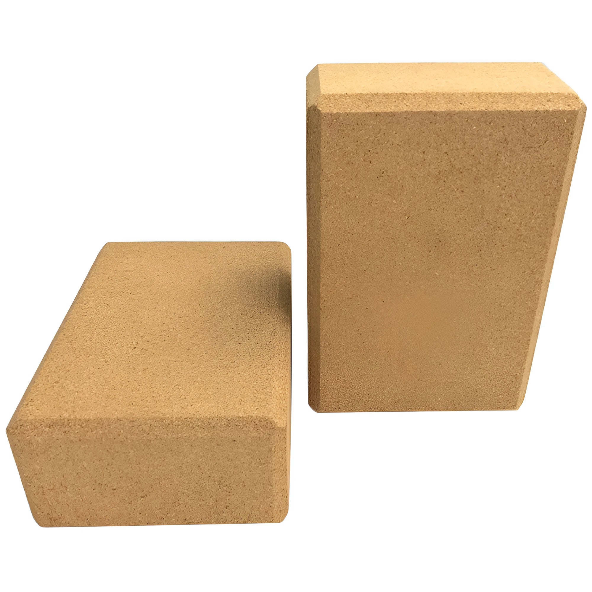 Yellow cork yoga brick with beveled edges and nonslip surface, size 24x16x8.5cm, on a plain background