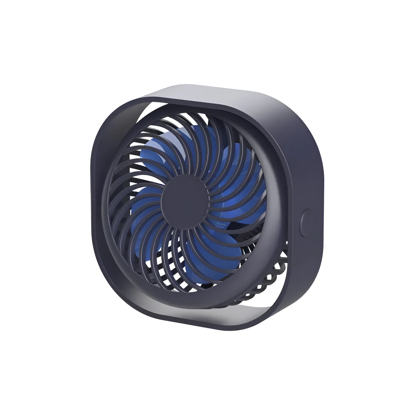 Pink USB desk fan with 360-degree rotating head on a white desk.
