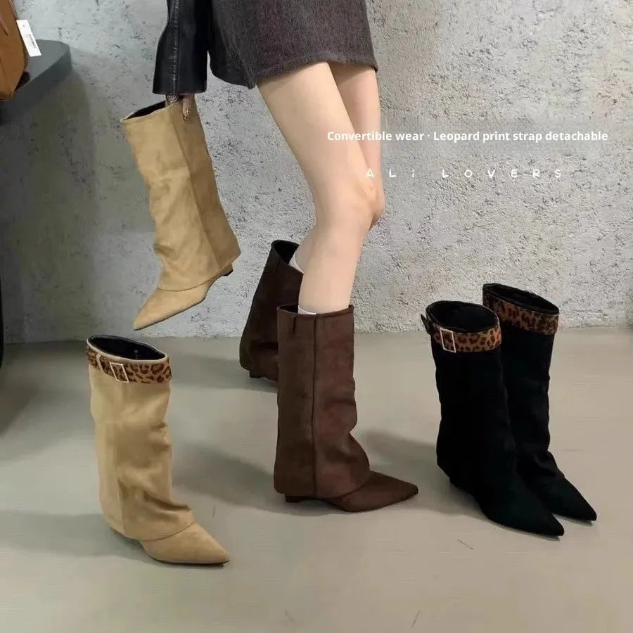 Retro Western slimming belt buckle mid-calf boots in black with square toe and lace-up