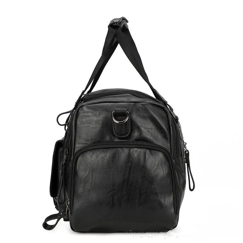 Black large capacity travel shoe storage bag with PU exterior, shown with dimensions 52cm wide by 27cm high.