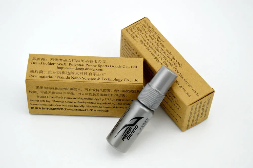 Anti-fog liquid bottle with 15ml and 20ml options for glasses, goggles, and camera lenses