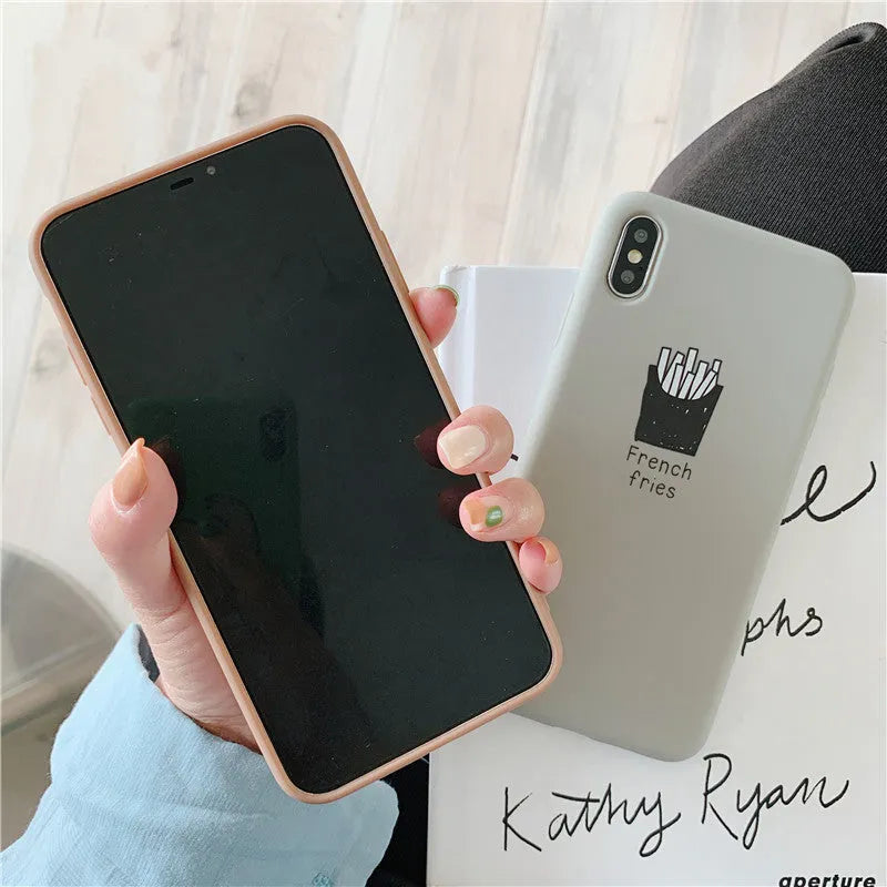 Soft matte silicone phone case with ice coffee and french fries couple designs