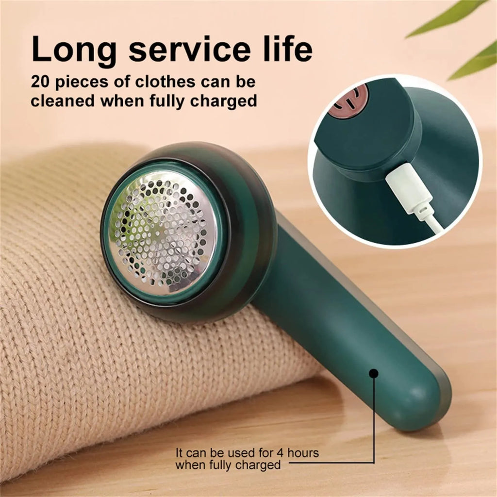 White or green USB rechargeable electric lint remover with a removable lint collection container