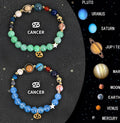 Set of two natural stone bead bracelets for zodiac signs on a neutral background.