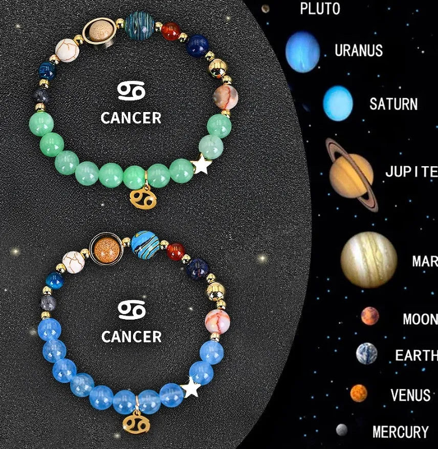 Set of two natural stone bead bracelets for zodiac signs on a neutral background.