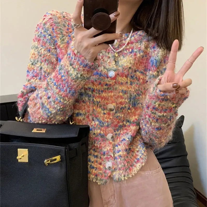 Rainbow knitted cardigan in acrylic fabric showing pink or green colour options with regular sleeves