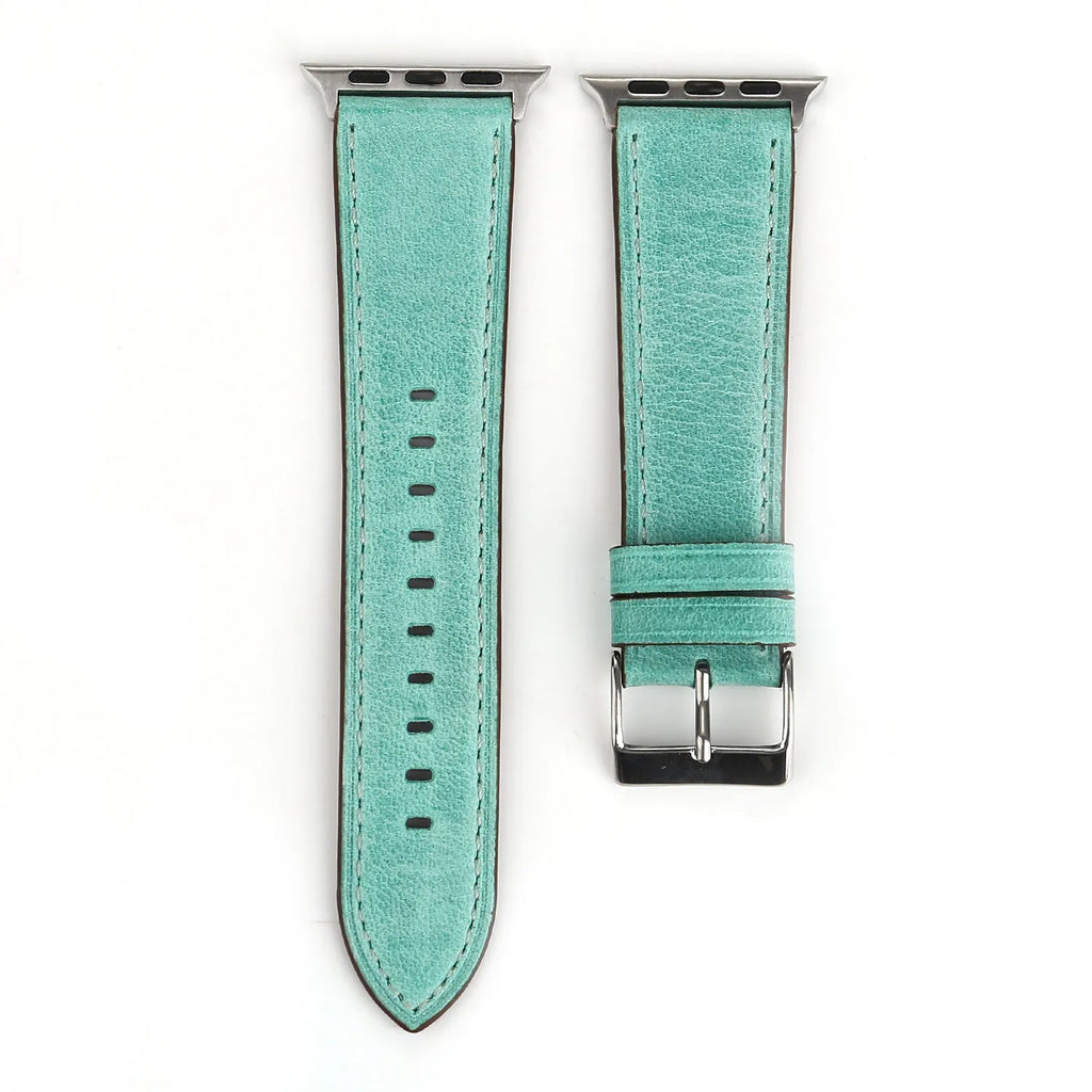 Blue leather watch strap with a silver folding buckle on a 42mm width setting.