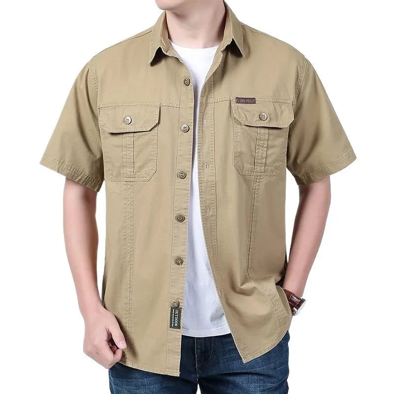 Men's Cotton Short Sleeve Cardigan Shirt Solid Colour Casual Summer Top Regular Fit Youth Style Japanese Workwear Shirt Available in Dark Blue Army Green Khaki Beige Black Gray Red White and Denim Blue Sizes M to 5XL