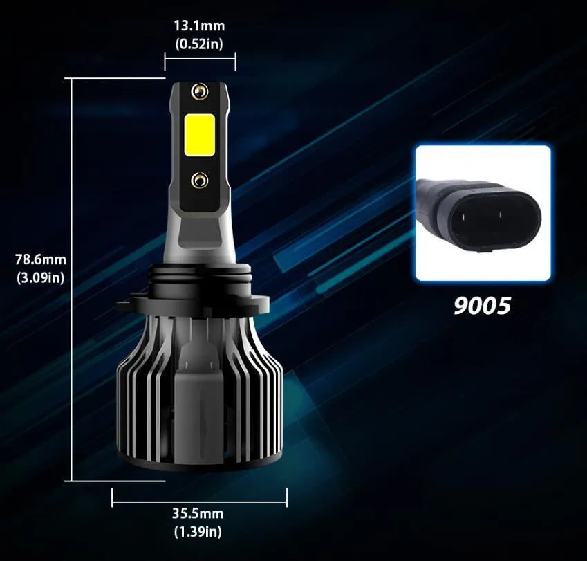 6000K white LED car headlight bulb with adjustable chuck and connector for H7, 9005 fitments.