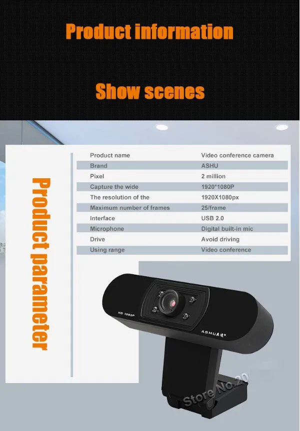 Black HD webcam with built-in microphone and glass lens on a laptop screen