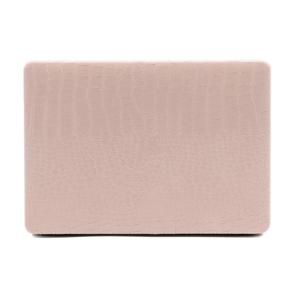 Black MacBook protective case with crocodile texture and visible Apple logo through a cutout.