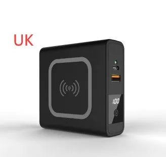 Black and white Super QI wireless PD20W fast charging power bank with integrated plug.