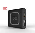 Black and white Super QI wireless PD20W fast charging power bank with integrated plug.