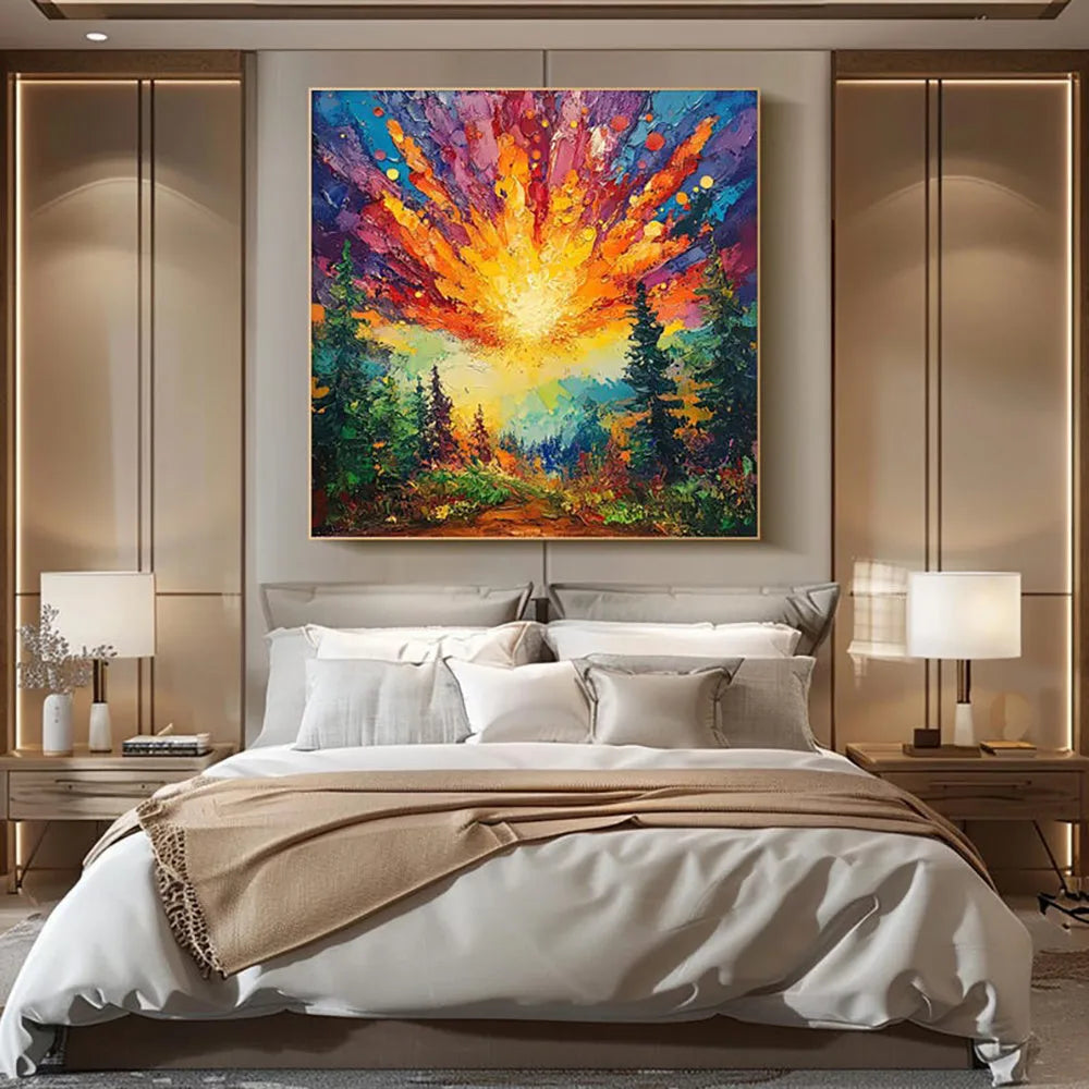 Hand-painted oil painting of a sun rising in a deep forest with brilliant light, square canvas wall art without frame
