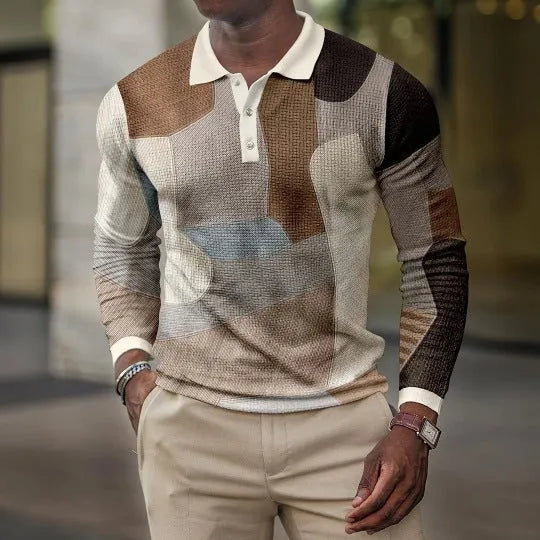 Men's grey long-sleeved casual top with a raised black 3D printed stripe pattern.