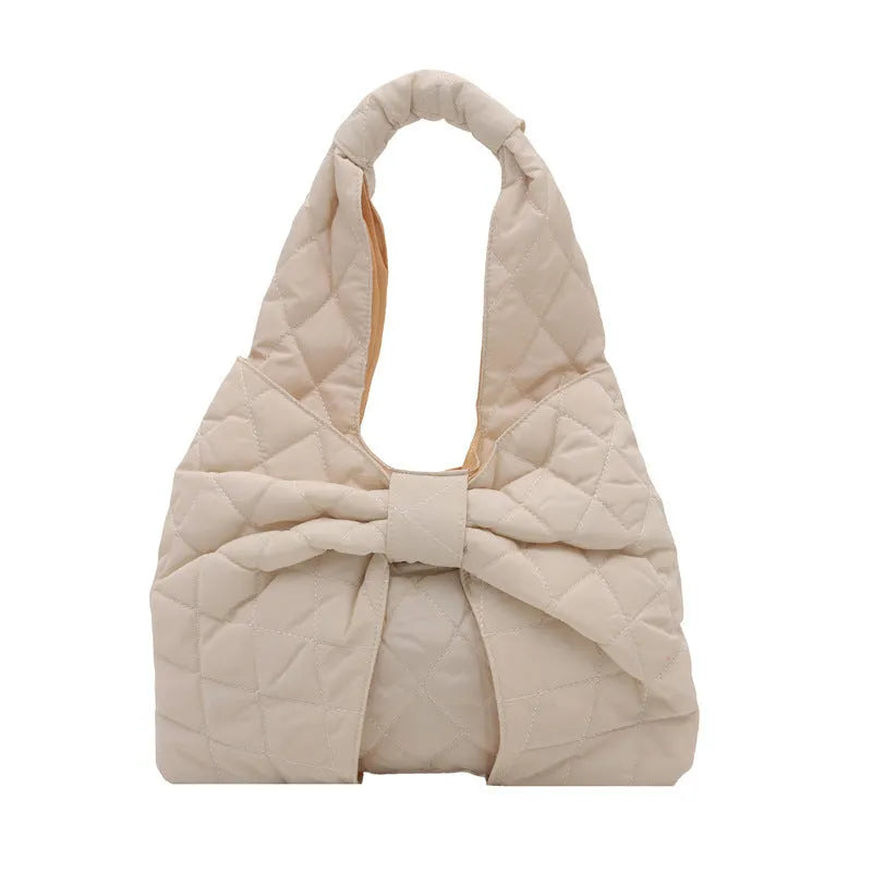 Polyester-lined cotton one shoulder handbag in horizontal square shape with sandwich pocket and zipper change bag