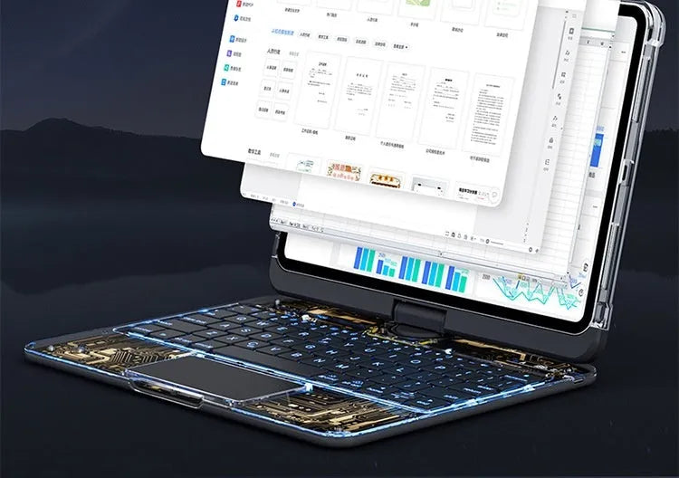 360 swivel iPad keyboard case with transparent backplate and telescopic pen slot in black colour option