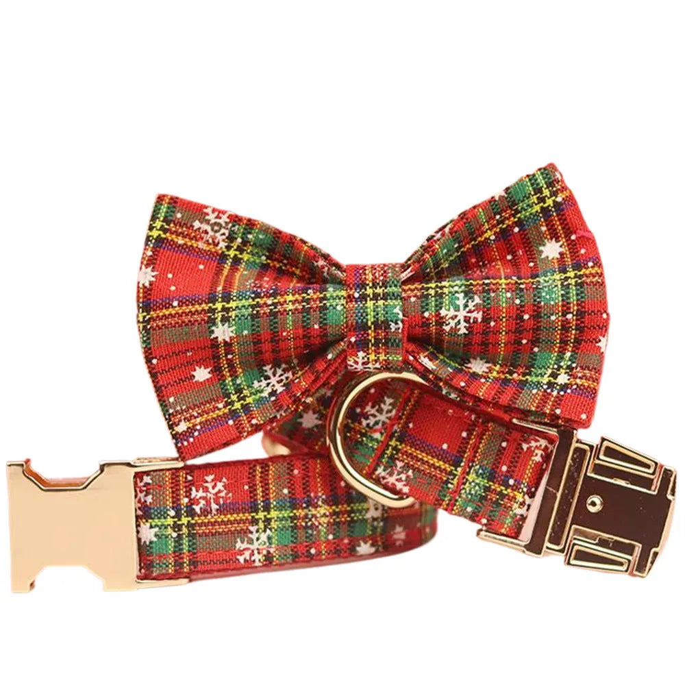 Christmas pet collar and leash set with plaid rope and festive dog vest showing snowflake bowknot flowers on red background