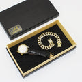 Couple watch set including men's and women's watches with slim 8mm black dials and matching bracelets in gift box