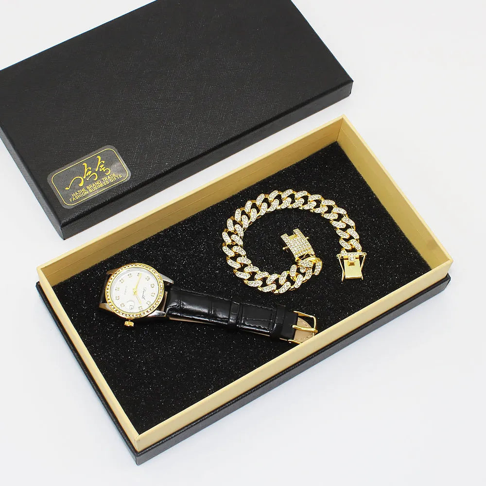 Couple watch set including men's and women's watches with slim 8mm black dials and matching bracelets in gift box
