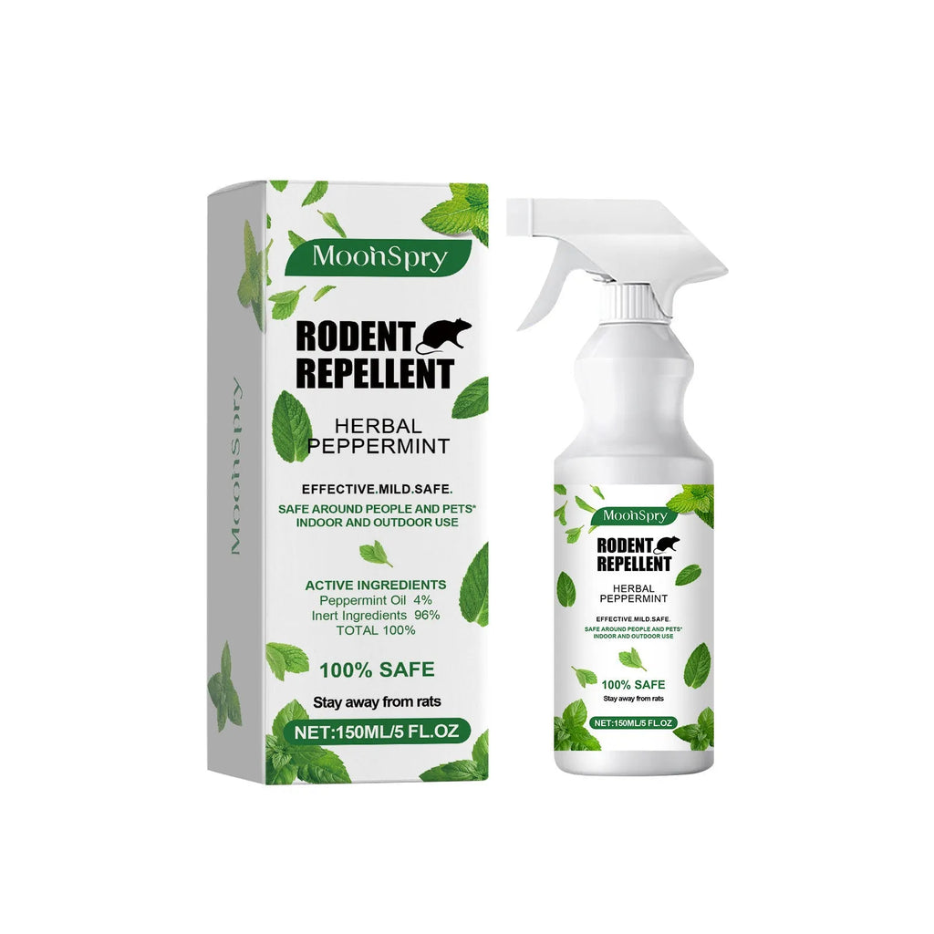 150ml mint-flavoured rodent repellent spray in a clear plastic bottle with a green label and trigger nozzle