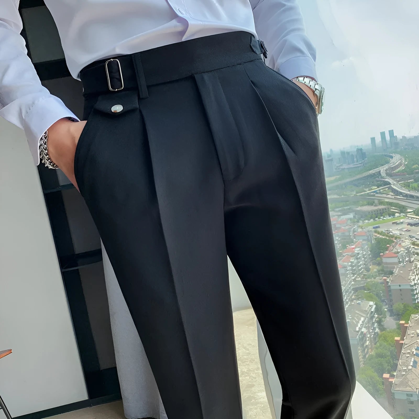 Men's straight-leg casual trousers in polyester available in multiple colours.