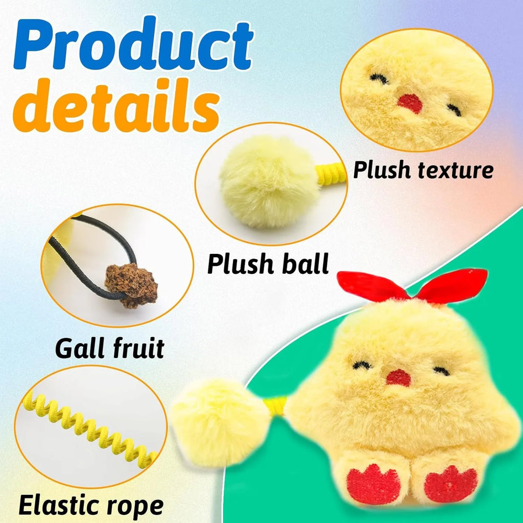 4-in-1 interactive cat toy set with plush animal, silvervine fruit, stretching spring, and fuzzy red ball.