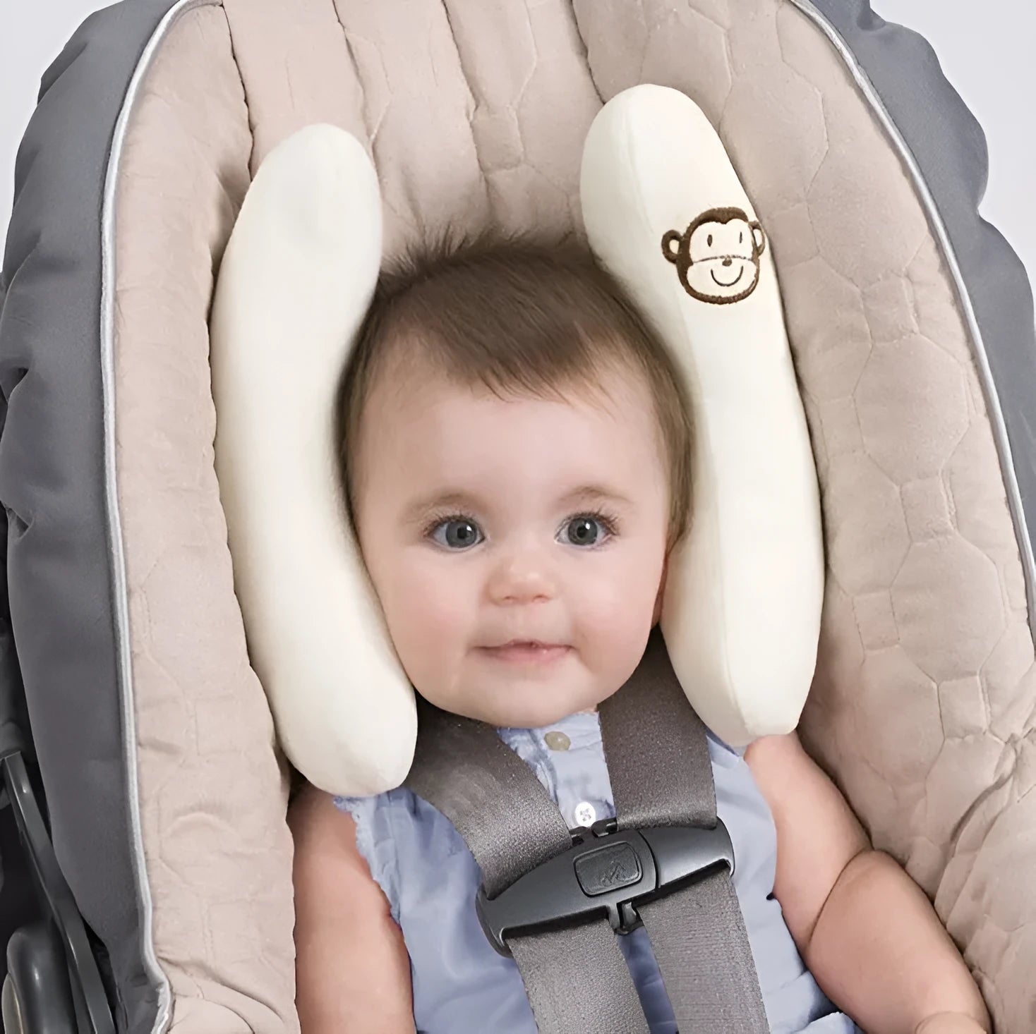 Baby U-shape car seat head protection pillow with pink short plush cover, 20cm height, PP cotton filling