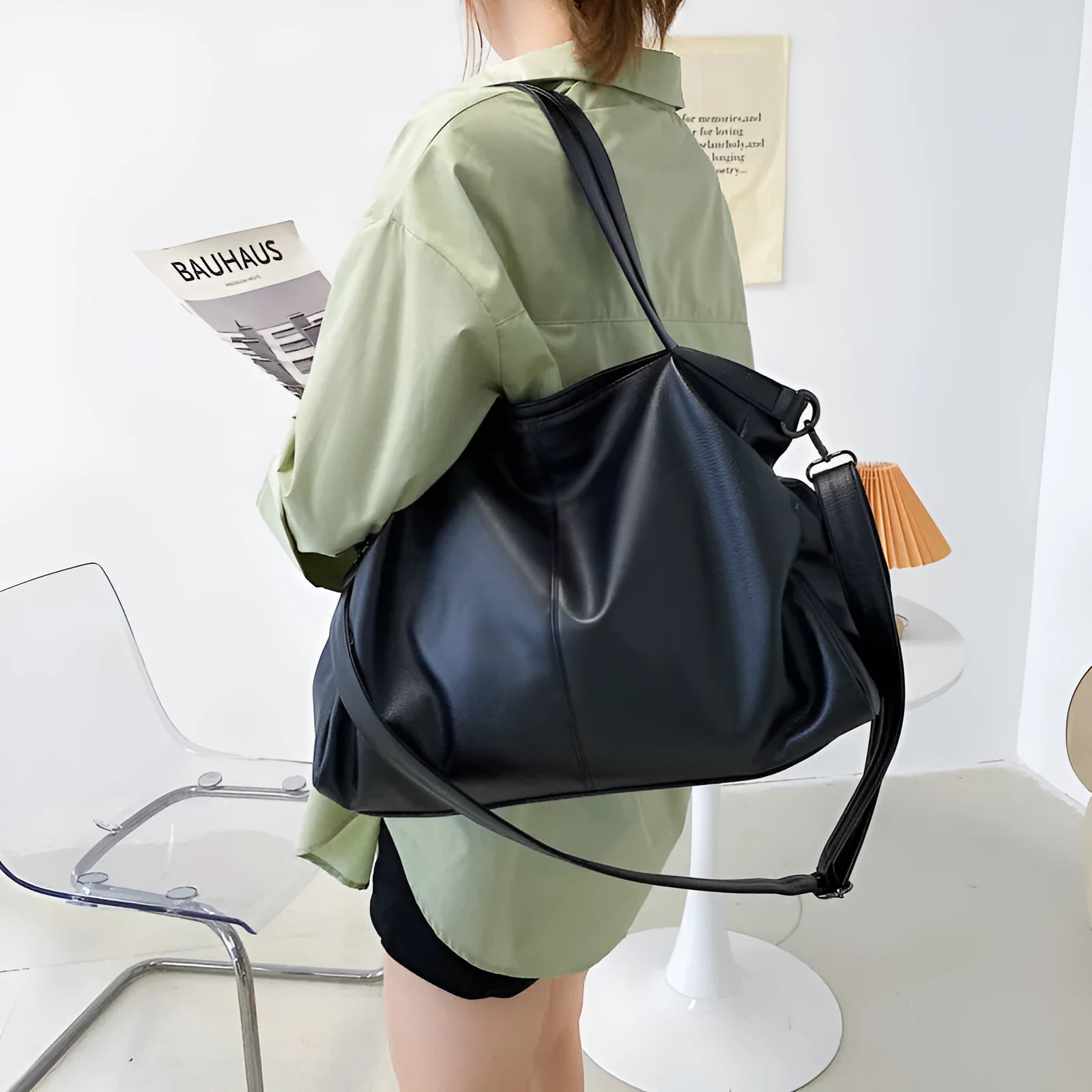 Large soft surface PU messenger bag with zipper opening and internal organisation pockets